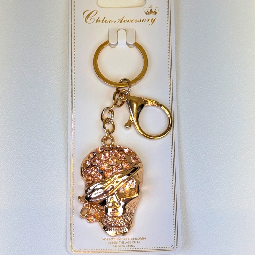 Gold & Pink Pirate Skull Rhinestone Keychain Bag Charm